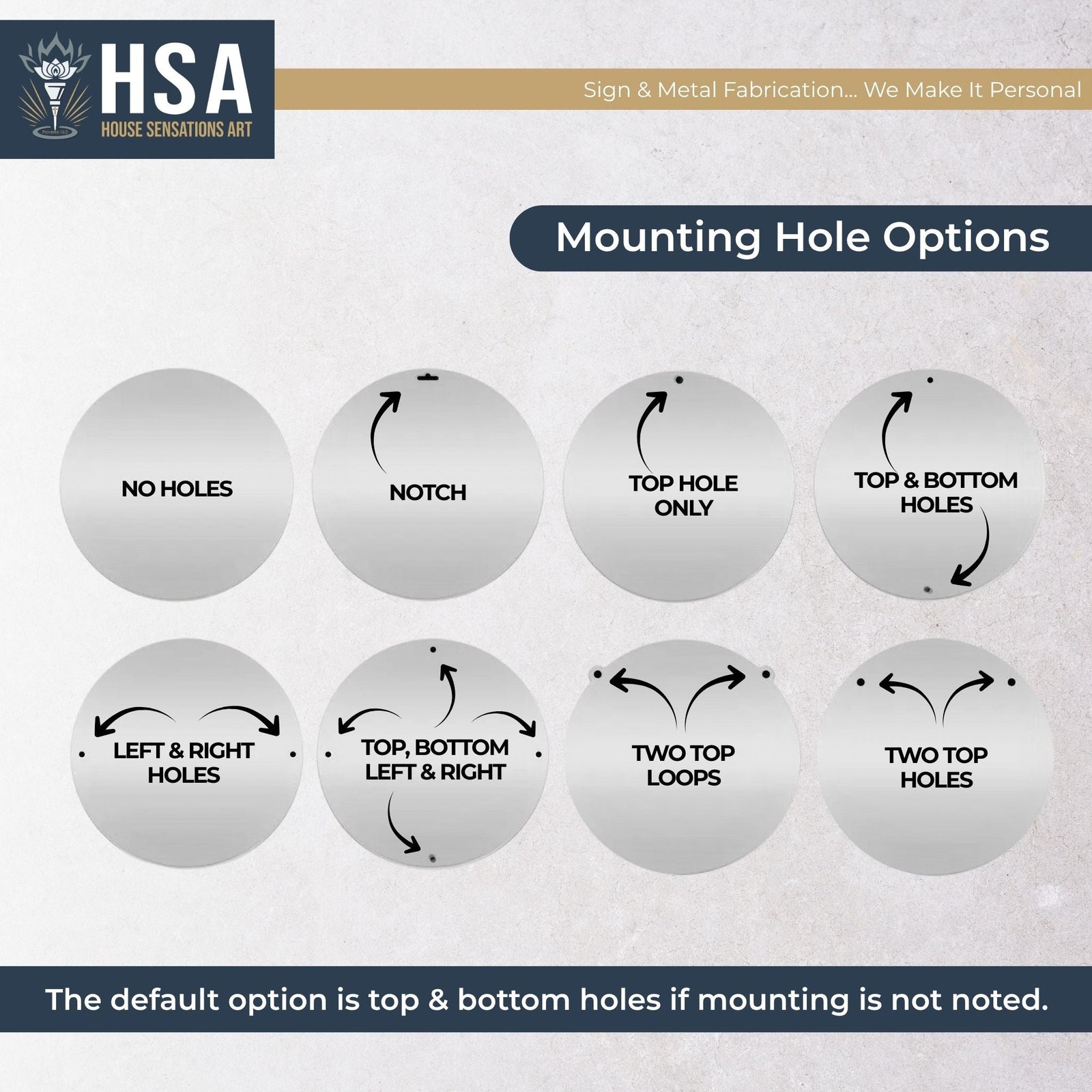 Illustrated chart displaying various mounting hole options for tree of life metal wall décor, highlighting installation flexibility, with HSA branding.