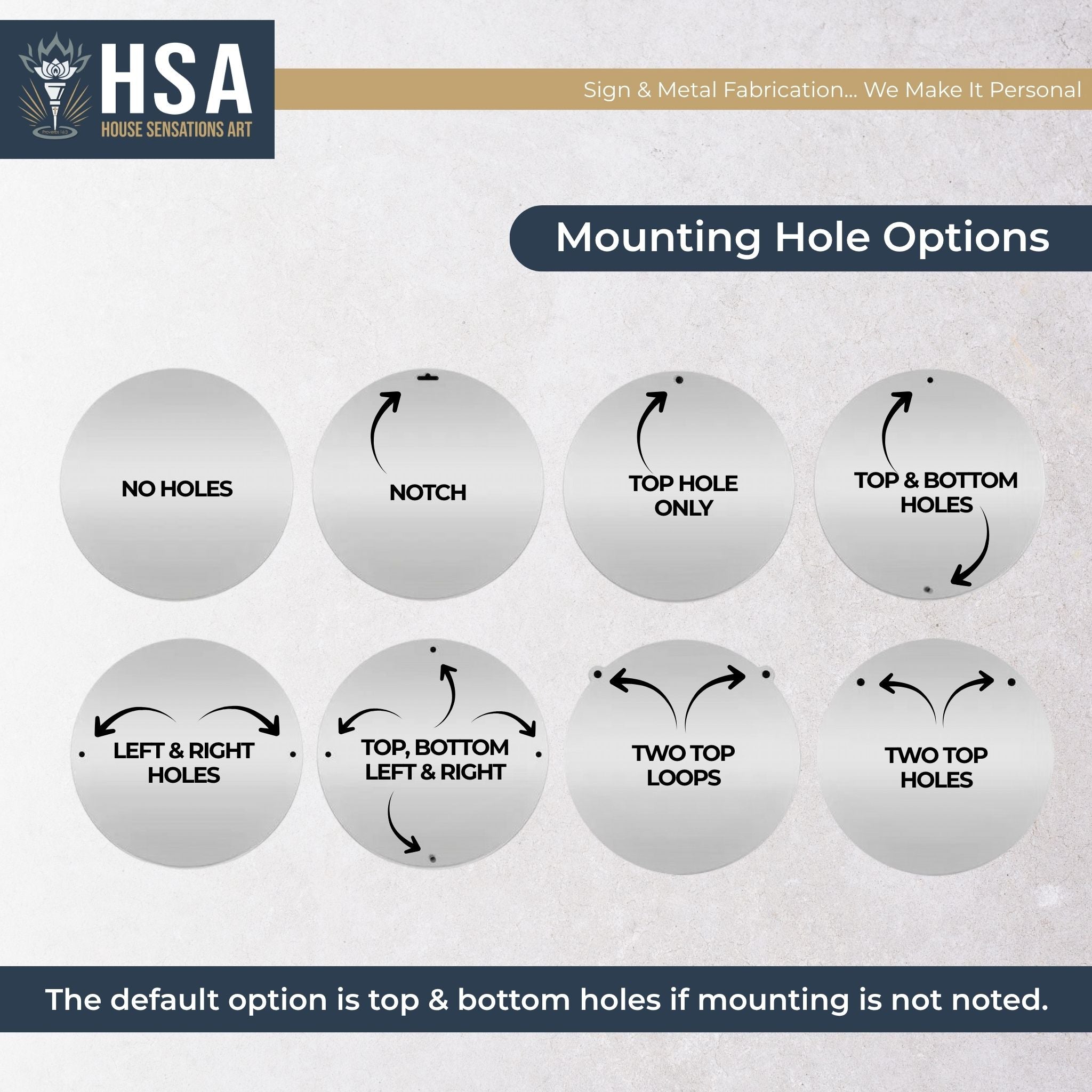 Illustrated chart displaying various mounting hole options for tree of life metal wall décor, highlighting installation flexibility, with HSA branding.
