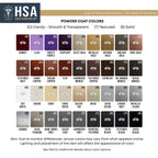 Powder coat color chart for tree of life metal wall décor featuring swatches and labels for colors like Garnet, Lilac, Frosty Purple, and more, ideal for customizing metal wall art finishes.