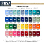 Powder coat color chart for tree of life metal wall décor, featuring shades like Princess Blue, Tarheel Blue, Candy Teal, Spring Yellow, and more, with HSA logo at the top, ideal for customizing metal wall art finishes.