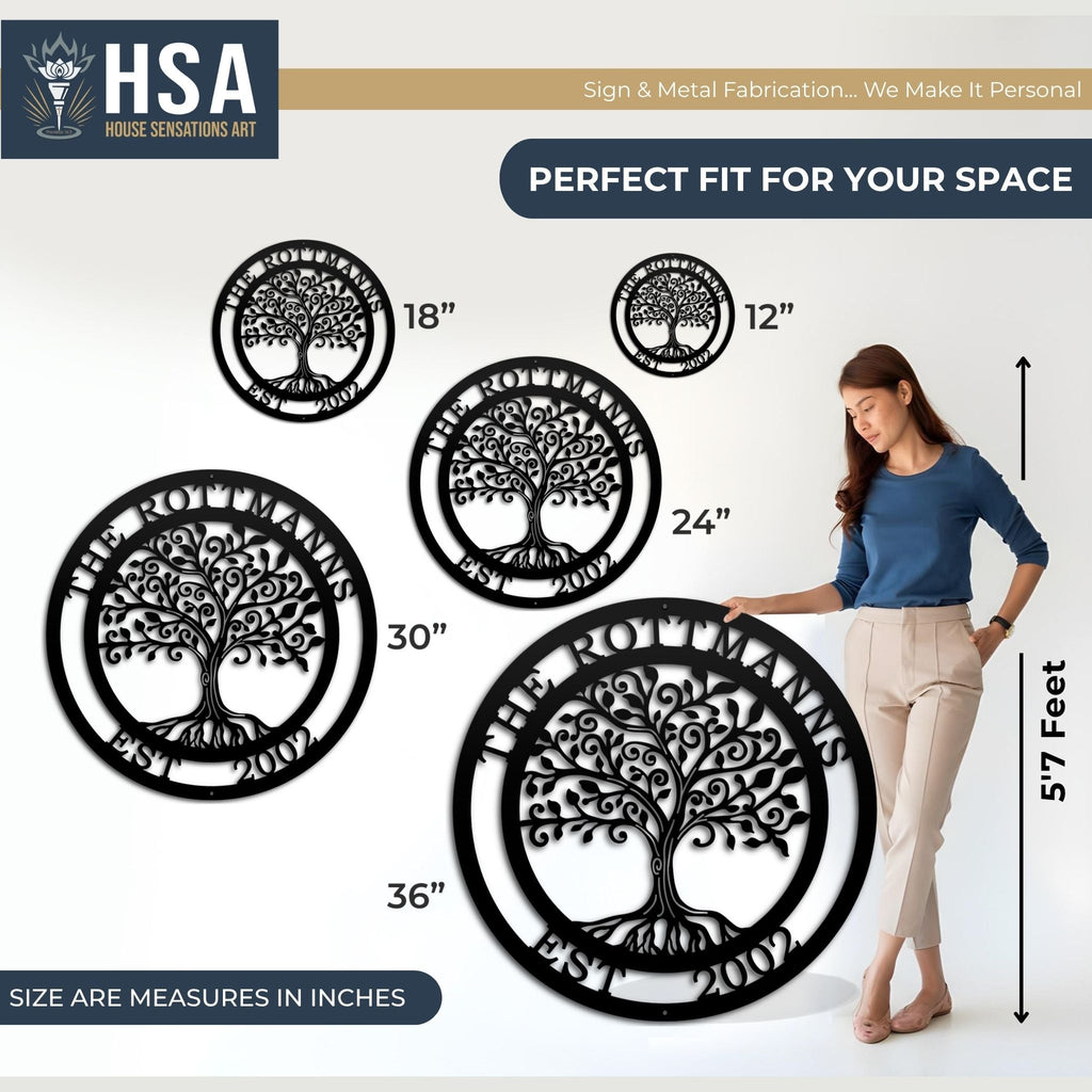Personalized tree of life metal wall décor showing size measurements with a person for scale, ideal for home or office wall décor, featuring HSA House Sensations Art branding.