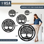 Personalized tree of life metal wall décor showing size measurements with a person for scale, ideal for home or office wall décor, featuring HSA House Sensations Art branding.