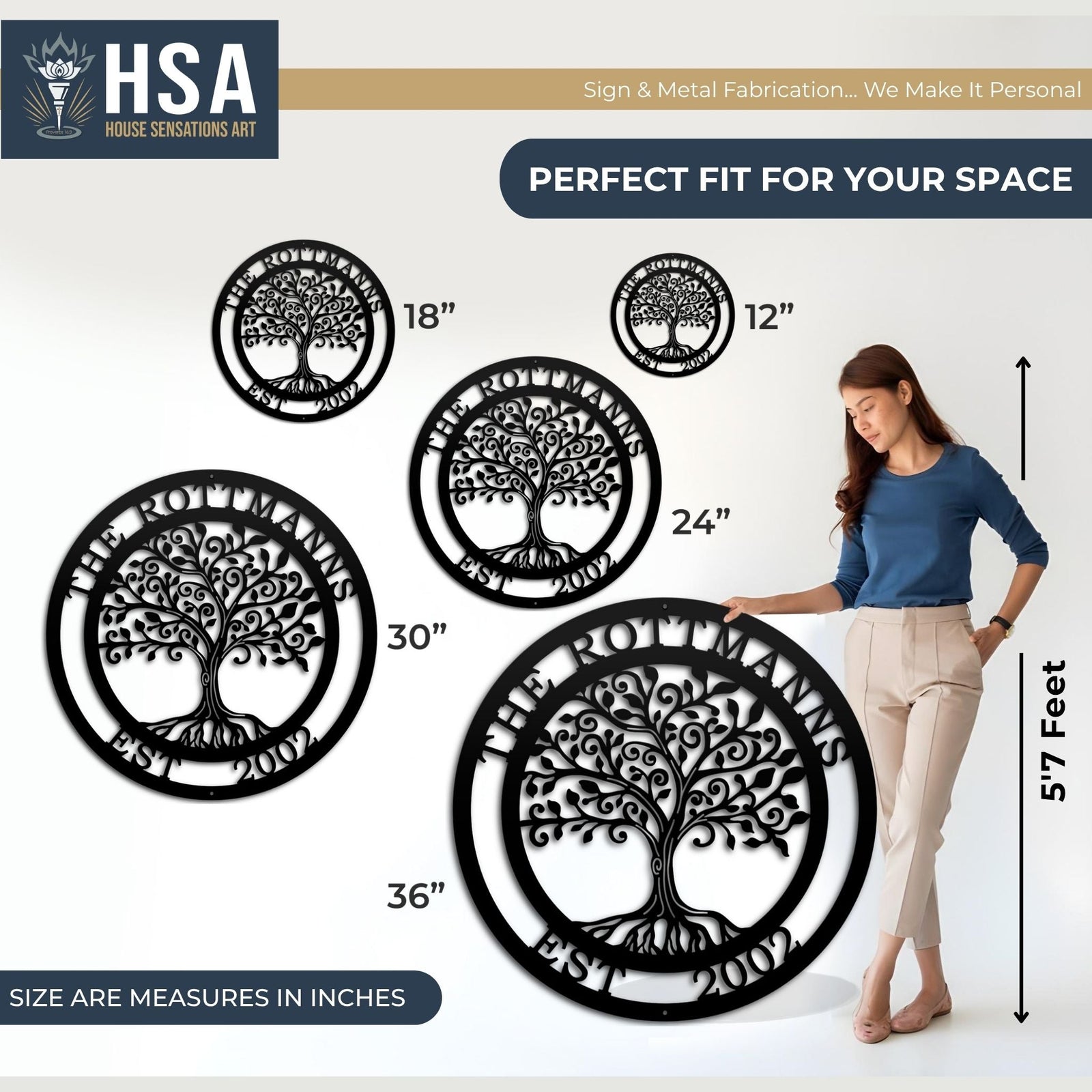 Personalized tree of life metal wall décor showing size measurements with a person for scale, ideal for home or office wall décor, featuring HSA House Sensations Art branding.