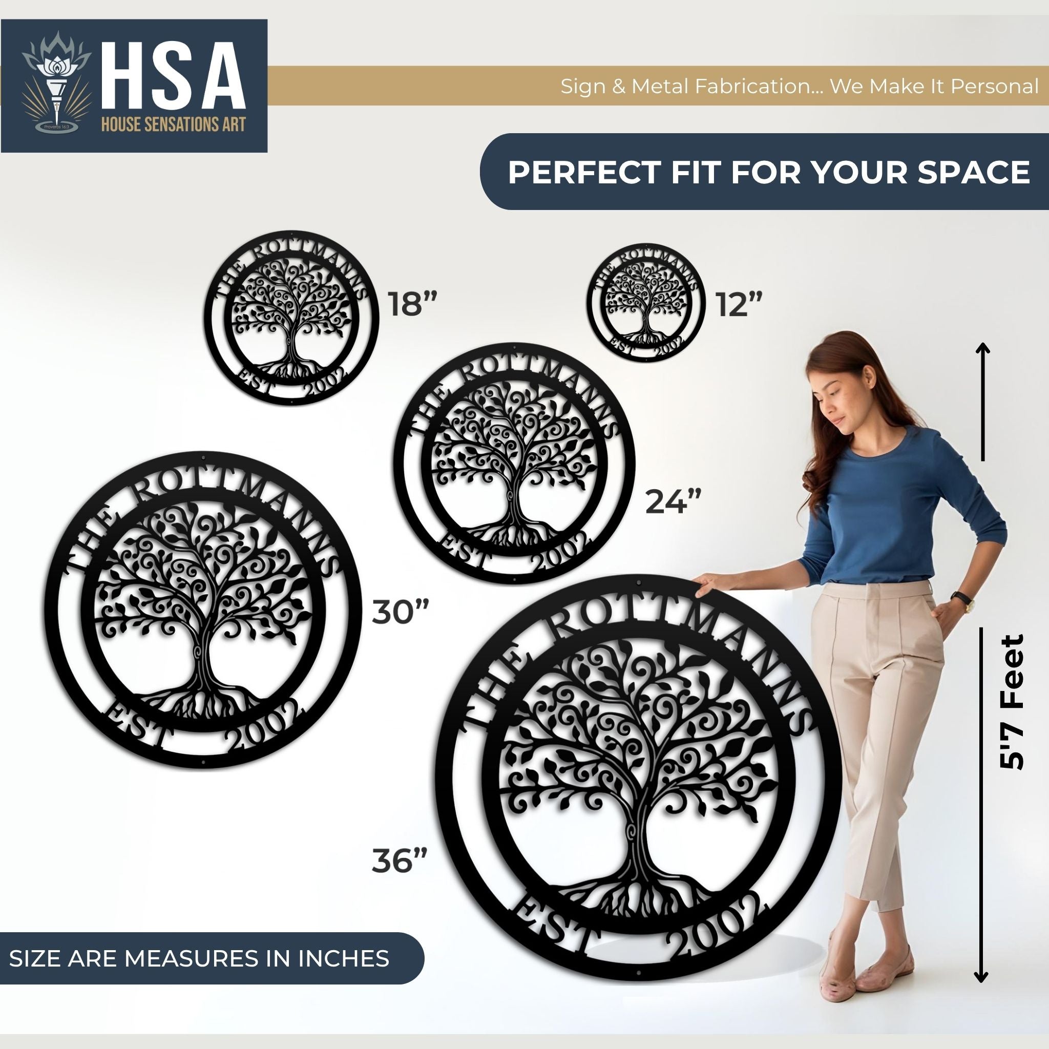 Personalized tree of life metal wall décor showing size measurements with a person for scale, ideal for home or office wall décor, featuring HSA House Sensations Art branding.