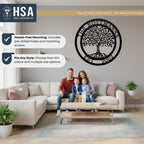 Living room scene with family on a couch, showcasing a personalized tree of life metal wall décor, ideal for custom home décor and accent wall displays.