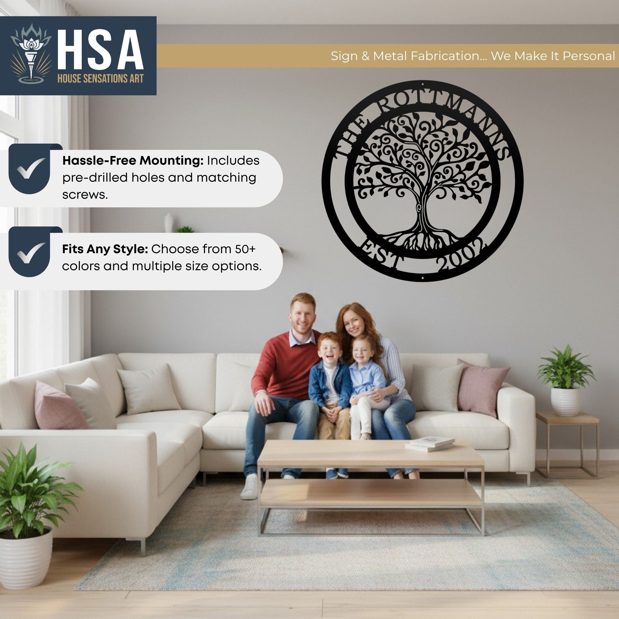 Living room scene with family on a couch, showcasing a personalized tree of life metal wall décor, ideal for custom home décor and accent wall displays.