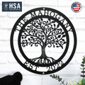 Personalized tree of life metal wall décor with intricate design, displayed on a white brick wall, featuring HSA branding, ideal for custom home décor and personalized gifts.