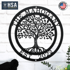 Personalized tree of life metal wall décor with intricate design, displayed on a white brick wall, featuring HSA branding, ideal for custom home décor and personalized gifts.
