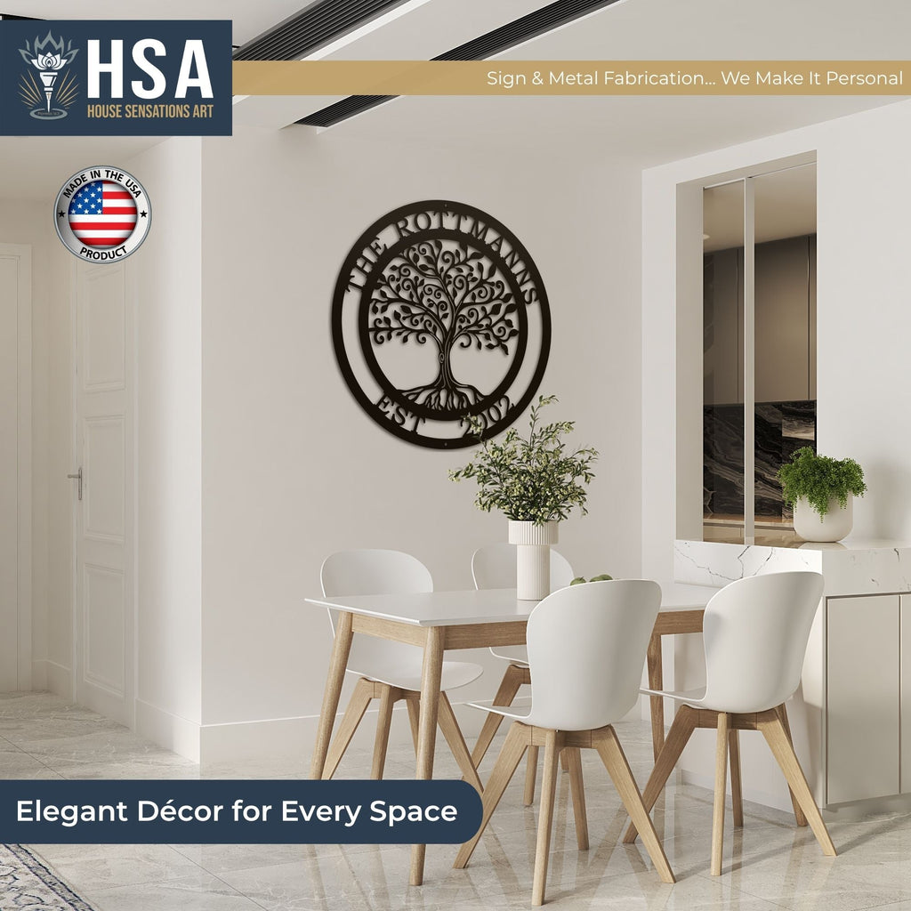 Dining room featuring personalized tree of life metal wall décor, showcasing intricate design and HSA branding, ideal for custom home décor and accent wall display.