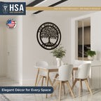 Dining room featuring personalized tree of life metal wall décor, showcasing intricate design and HSA branding, ideal for custom home décor and accent wall display.