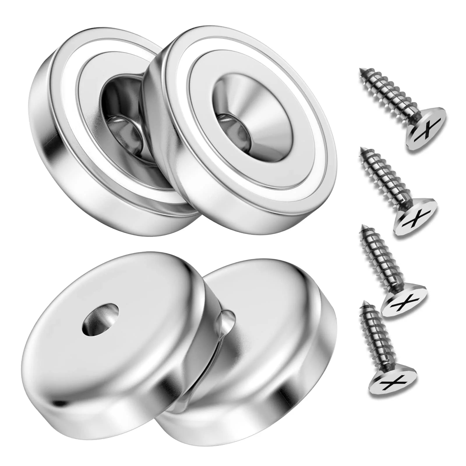 Magnetic hanging kit reusable tool-free mounting hardware for signs and décor, front and back view metal fasteners with screws on white background, House Sensations Art accessory