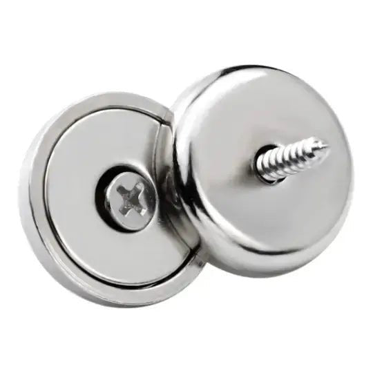 Magnetic hanging kit for signs and décor, tool-free reusable mounting system with chrome fasteners and screws on white background, House Sensations Art accessory