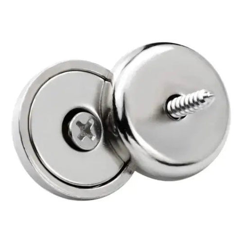 Magnetic hanging kit for signs and décor, tool-free reusable mounting system with chrome fasteners and screws on white background, House Sensations Art accessory
