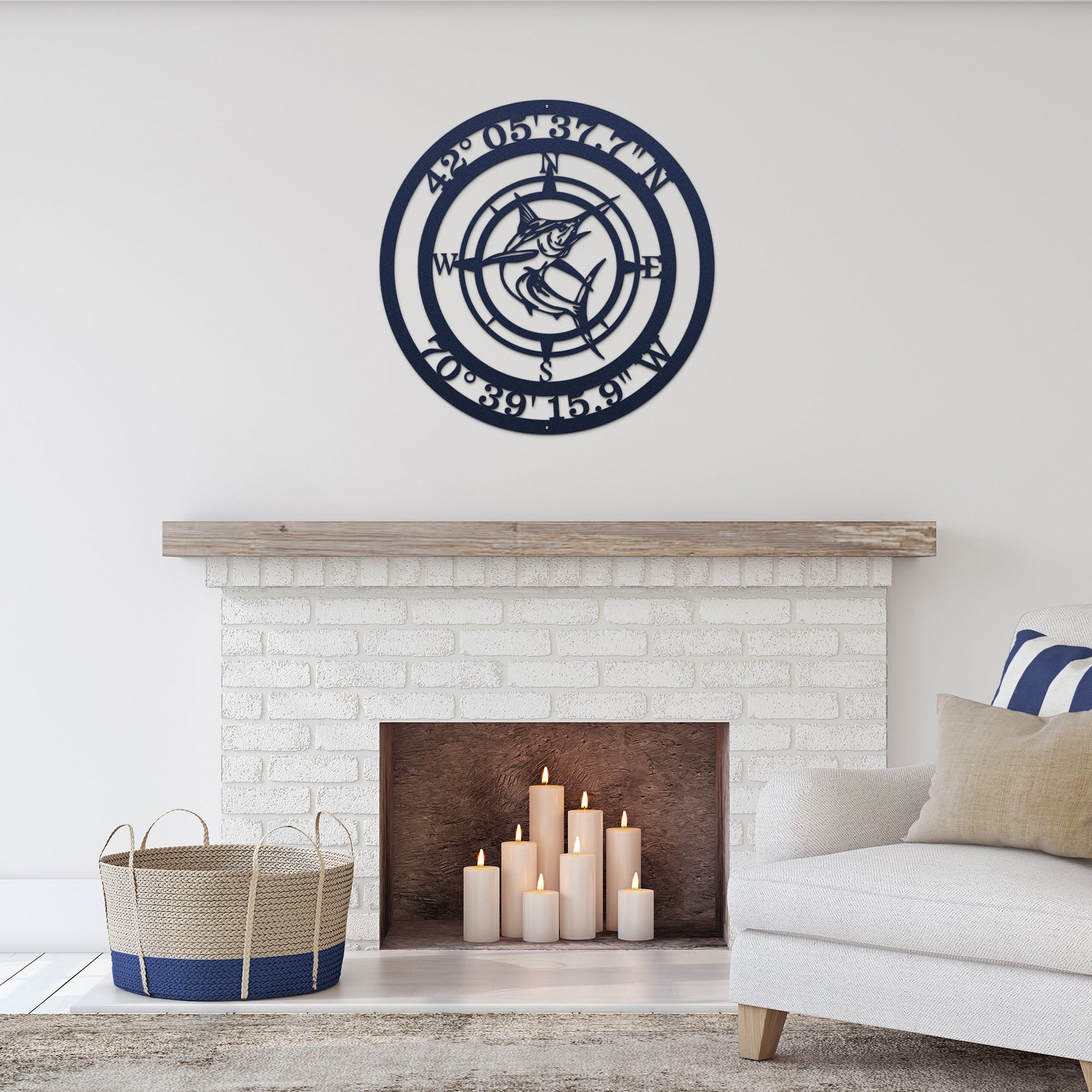 Marine-inspired compass wall art with marlin and personalized coordinates