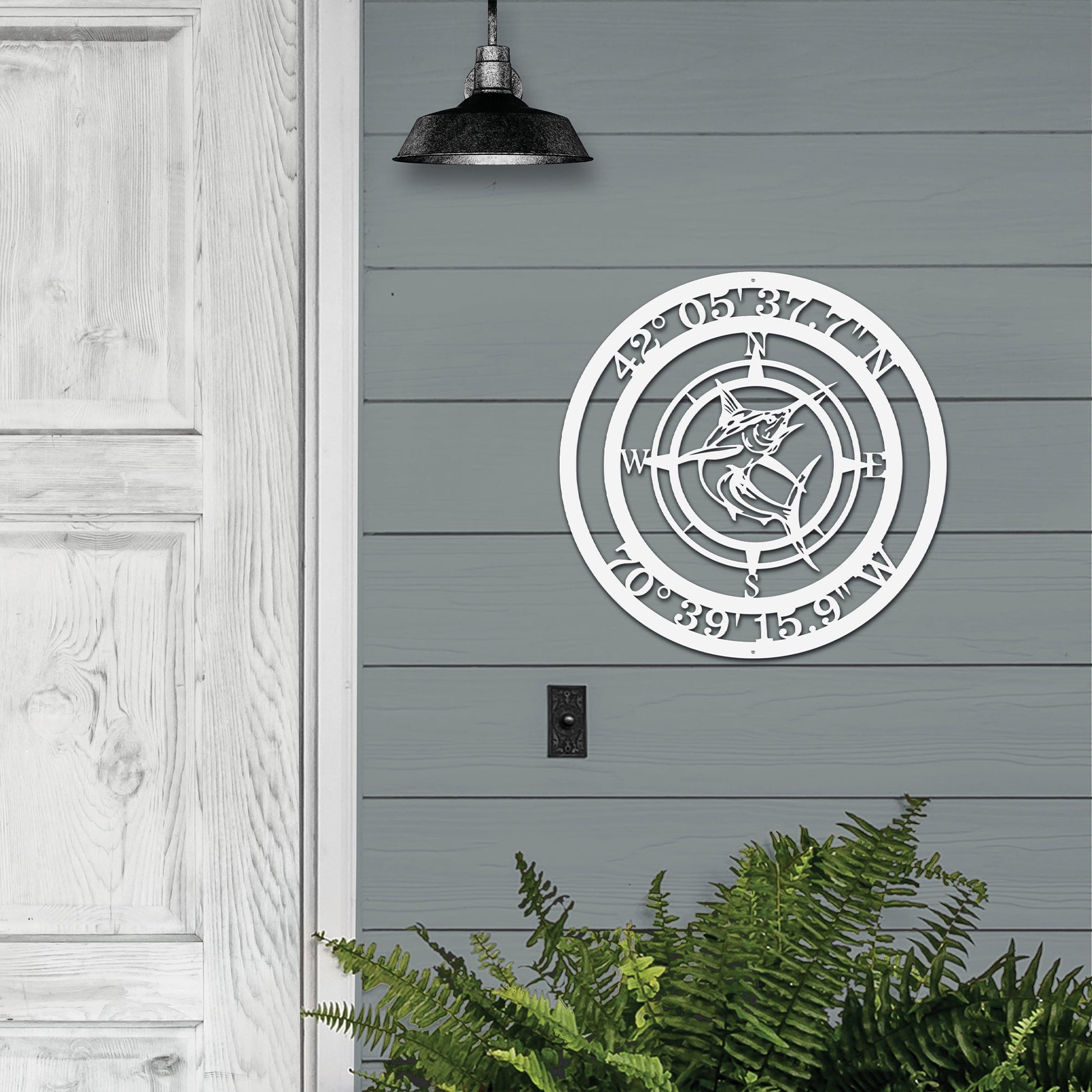 Personalized marlin wall decor with custom compass and location info