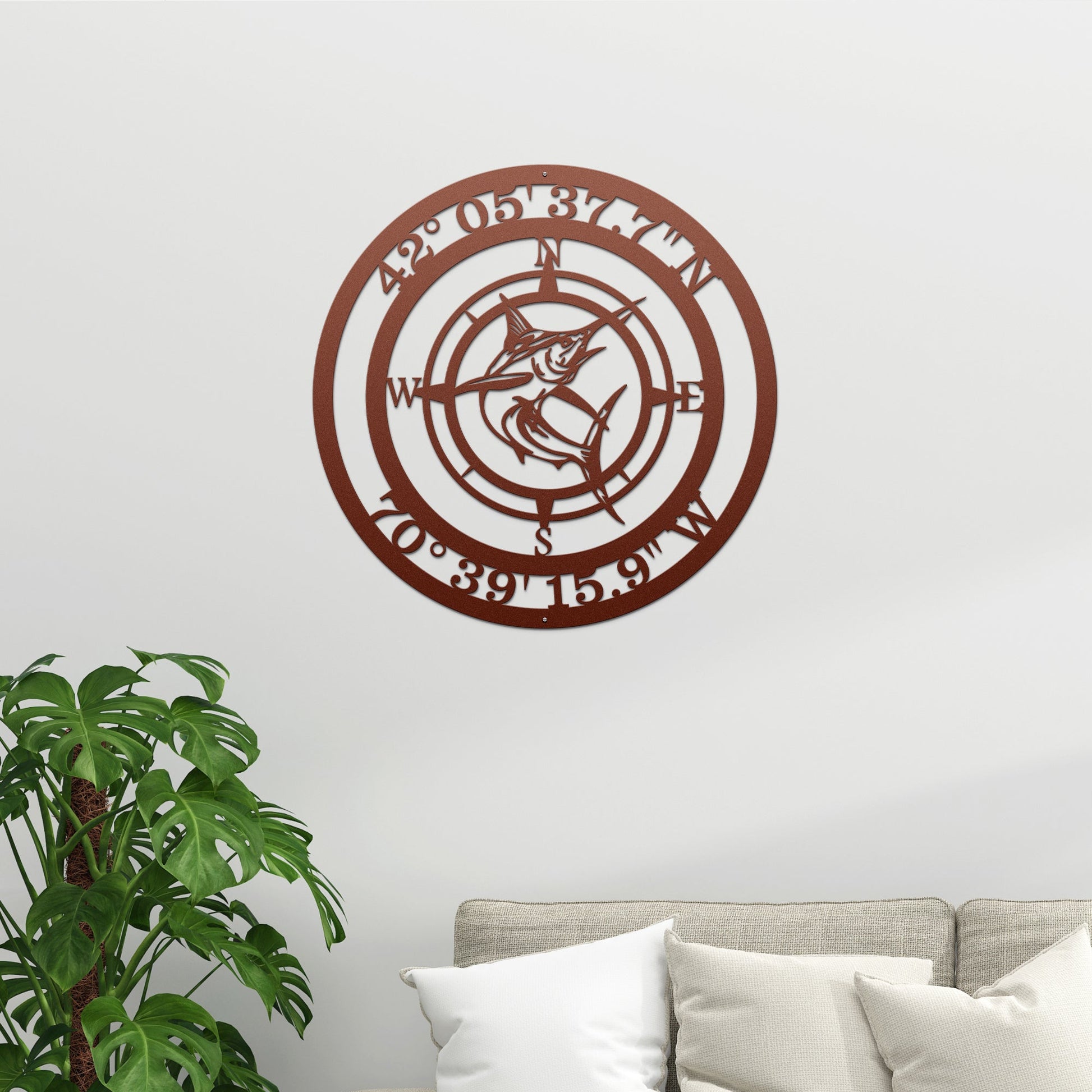 Personalized marlin compass GPS sign for fishing lodge or coastal cabin wall