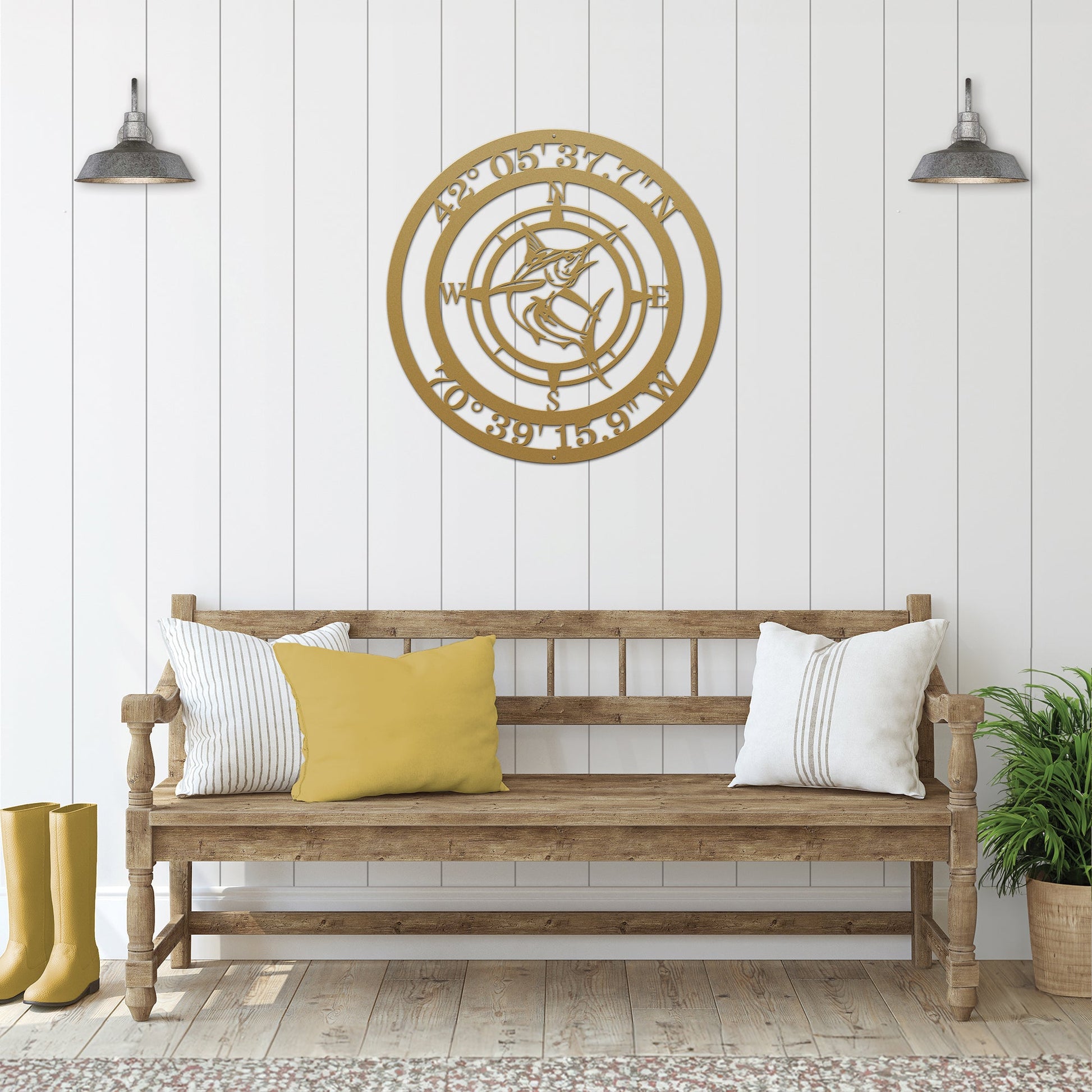 Detailed marlin compass metal art with GPS coordinates, weatherproof coastal decor