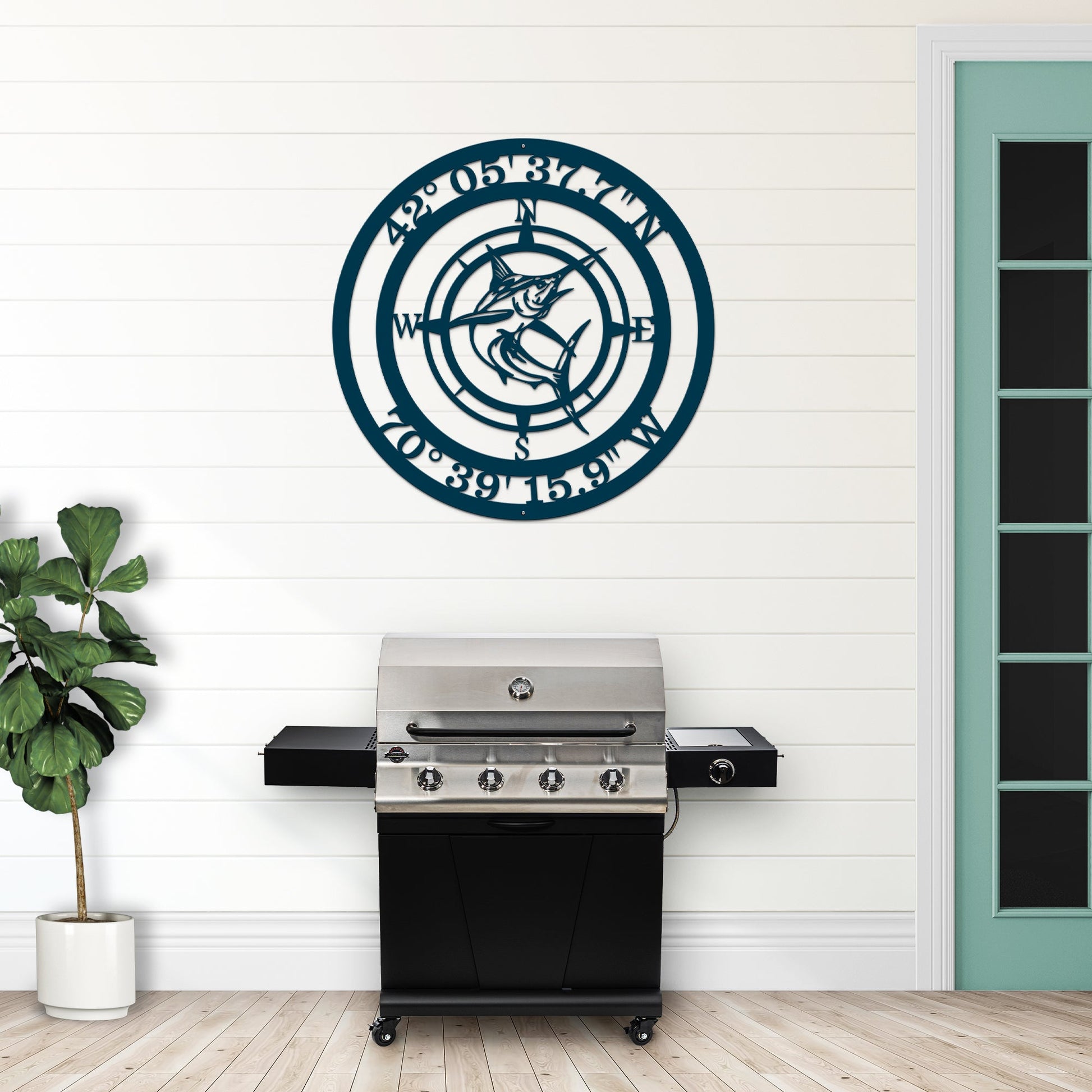 Coastal-themed marlin compass metal sign with GPS location, great for outdoor decor