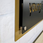 Close-up of a metallic frame featuring “Younglife” branding, displayed on a textured white surface, highlighting sleek metal craftsmanship and detailed design.