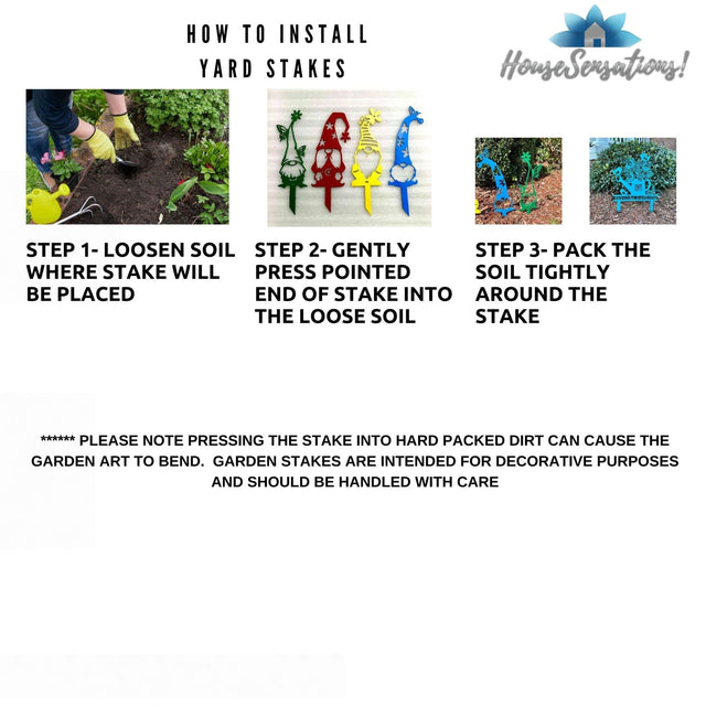 Three-step yard stake installation guide with photos: loosen soil, insert stake, pack soil. Includes care tips and logo.