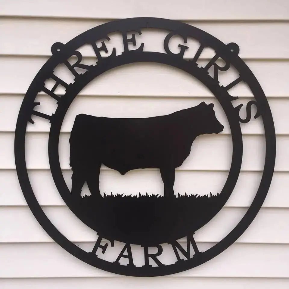 Metal cattle house number sign – personalized farm plaque with family name and brand
