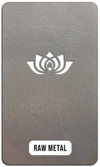 Raw metal card with white lotus symbol on gray background, decorative material sample, HouseSensationsArt