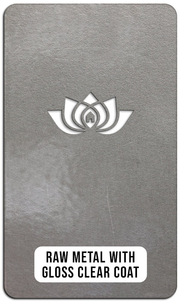 Raw metal card with gloss clear coat finish and white HSA House Sensations Art logo on gray background, decorative material sample