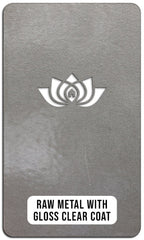 Raw metal card with gloss clear coat finish and white HSA House Sensations Art logo on gray background, decorative material sample