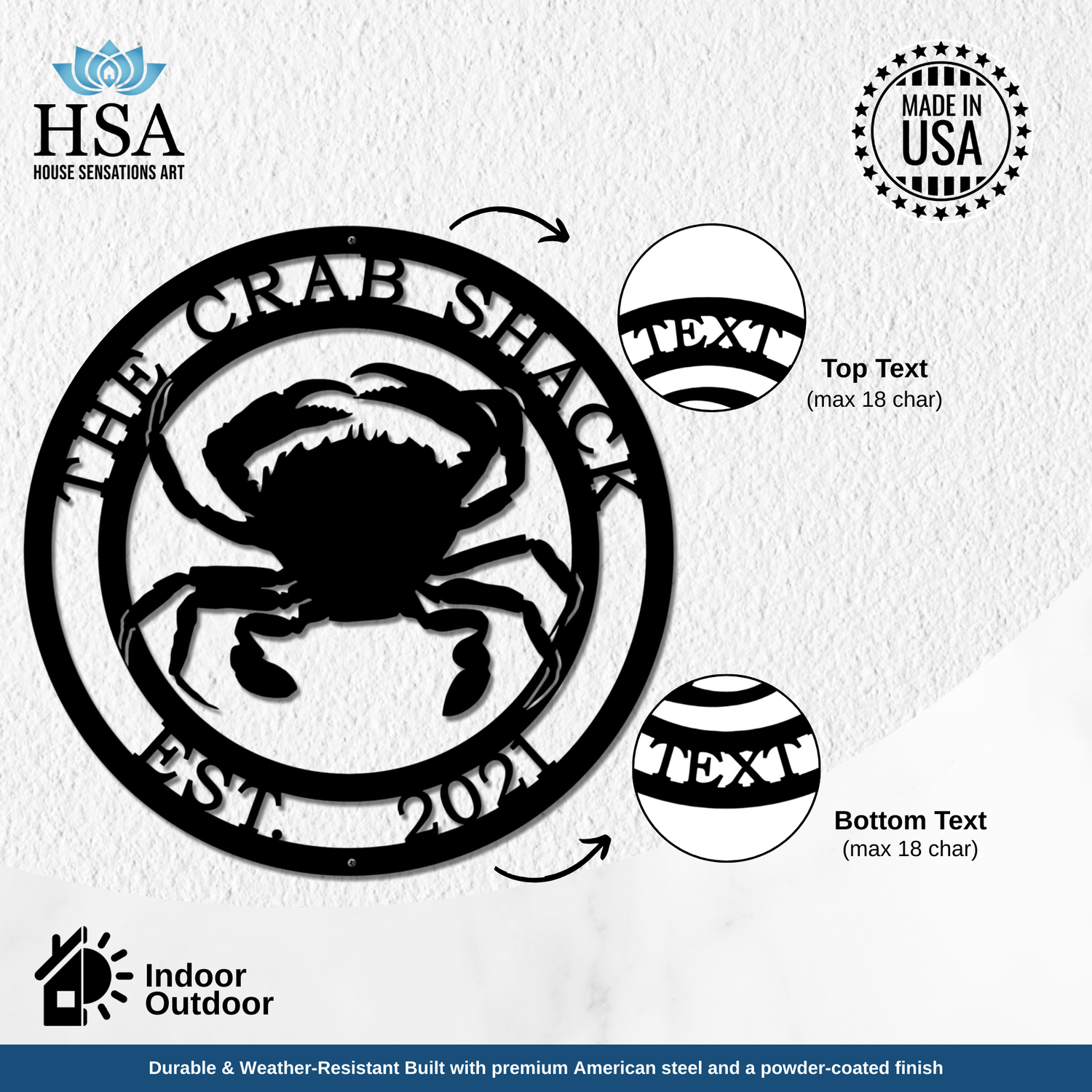 Metal crab sign size comparison showing available dimensions for custom wall decor