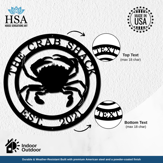 Metal crab sign size comparison showing available dimensions for custom wall decor