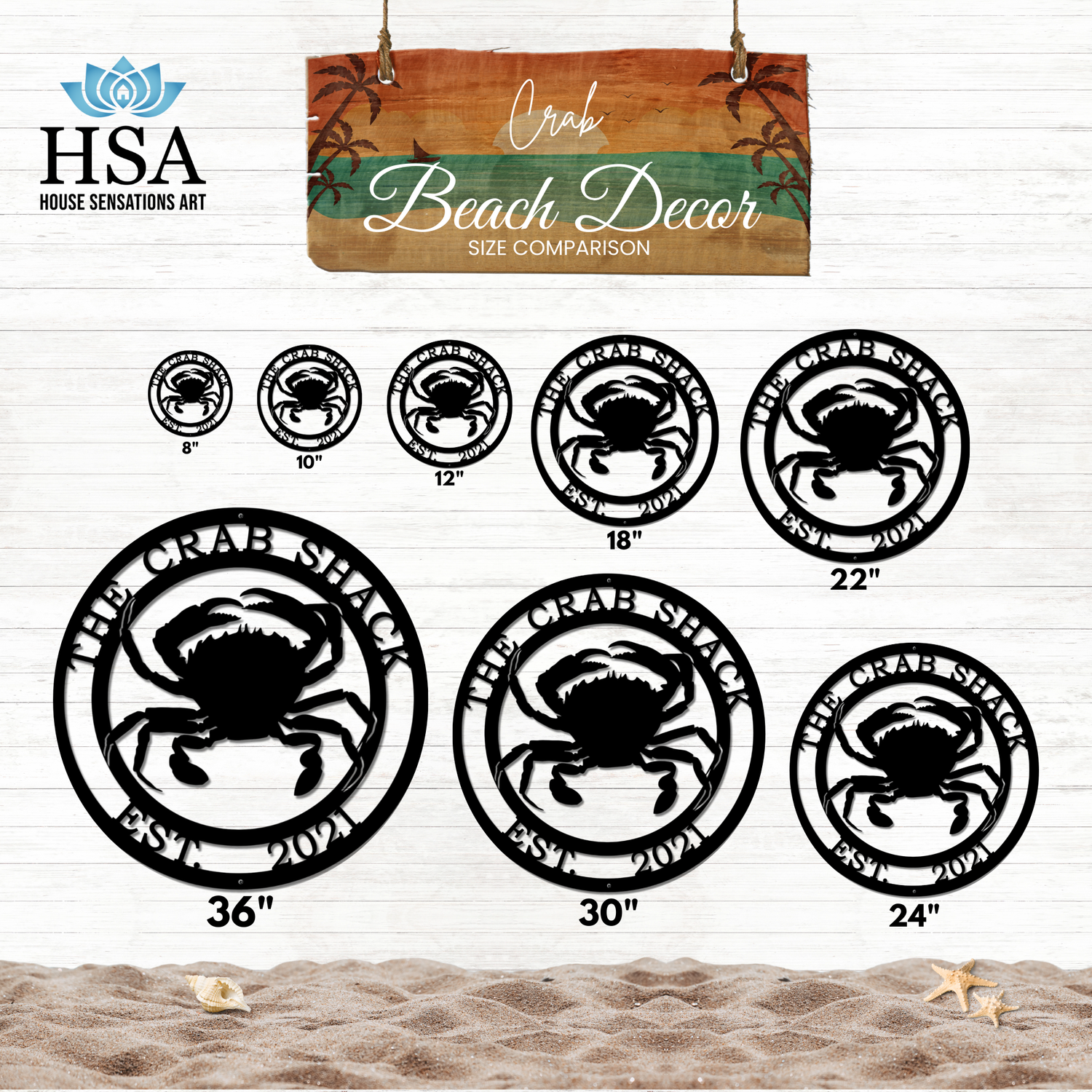 Metal crab sign size comparison showing different dimensions of personalized coastal wall decor