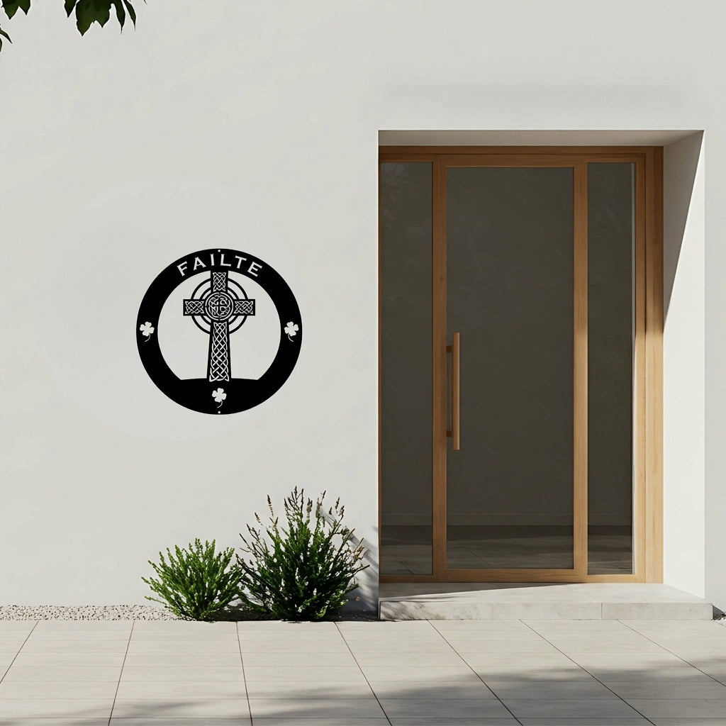 Black Celtic cross metal wall art with Failte Irish design displayed on modern home exterior wall décor