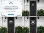 HSA decorative wreath size examples with door hangers on white door, showcasing custom metal wreath dimensions and installation options