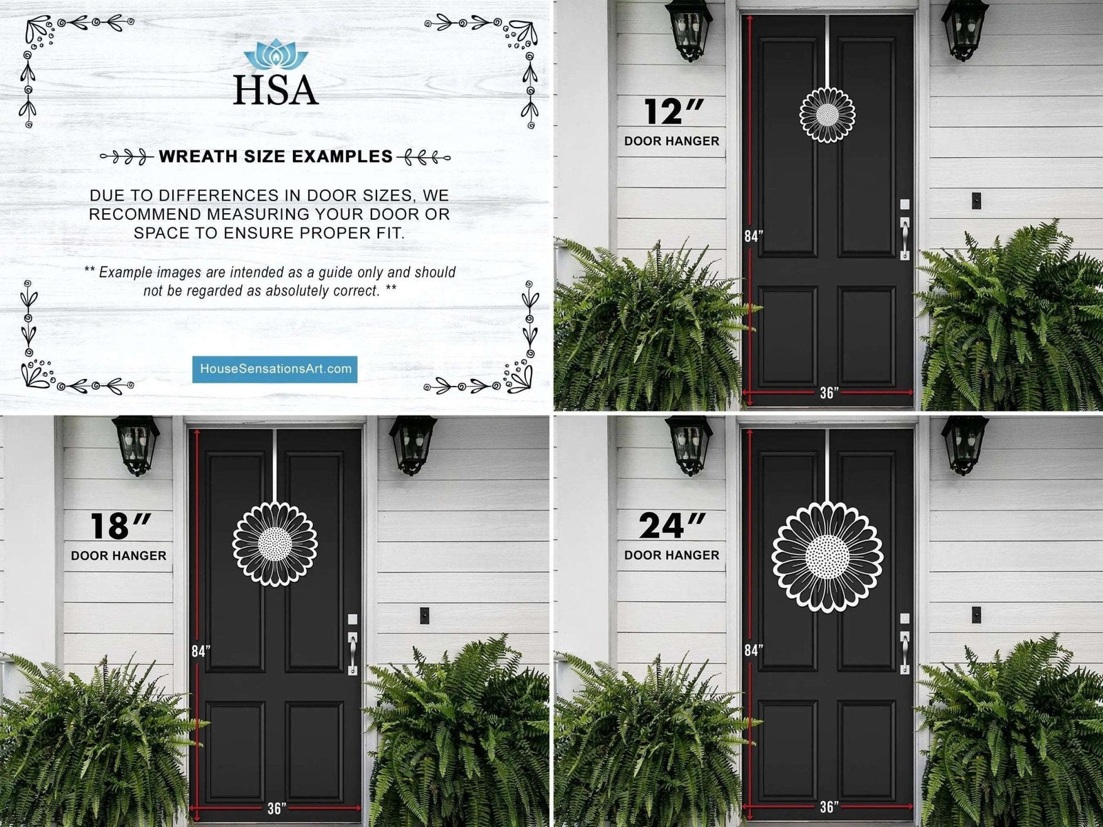 HSA decorative wreath size examples with door hangers on white door, showcasing custom metal wreath dimensions and installation options