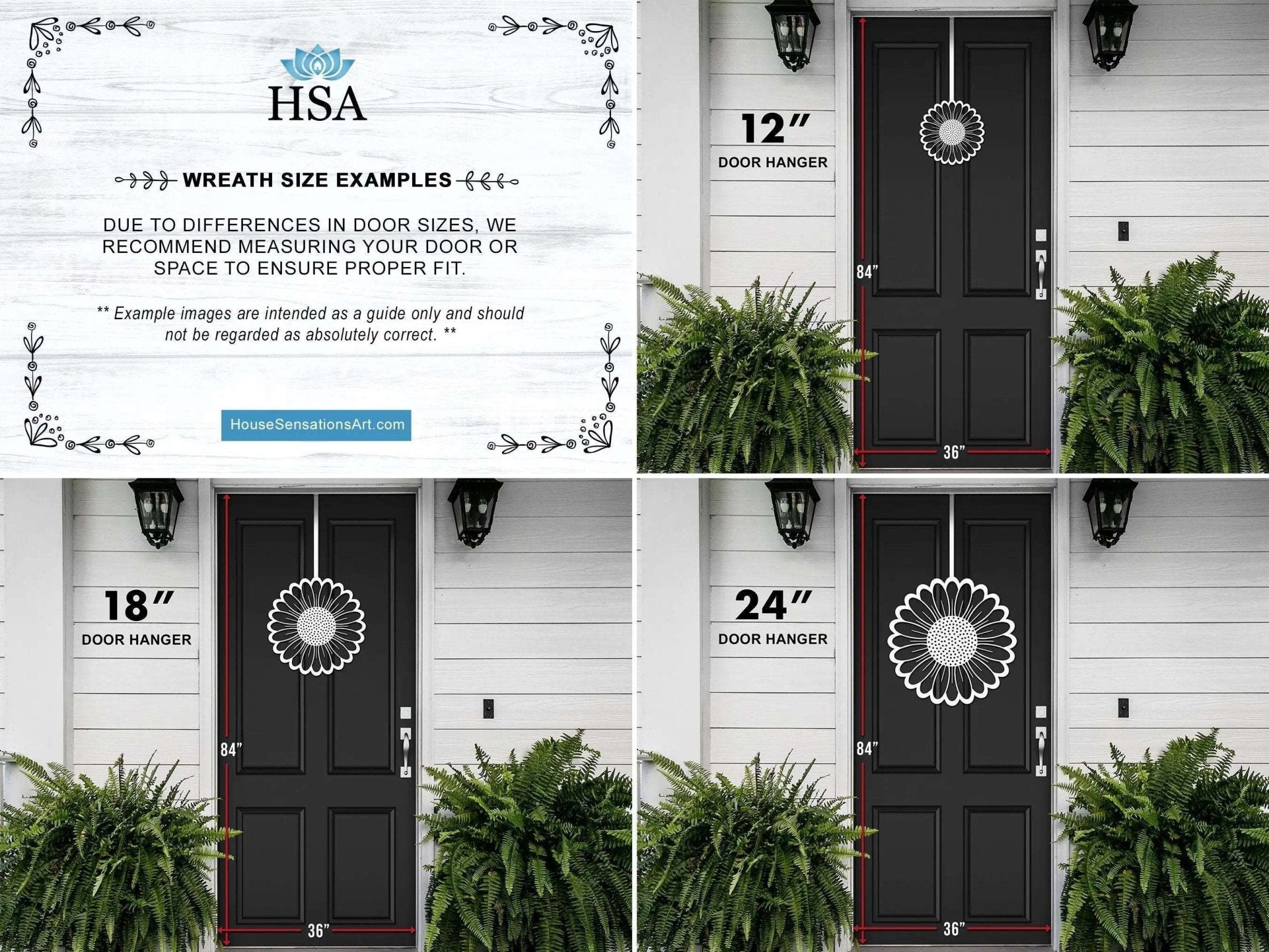 HSA decorative wreath size examples with door hangers on white door, showcasing custom metal wreath dimensions and installation options