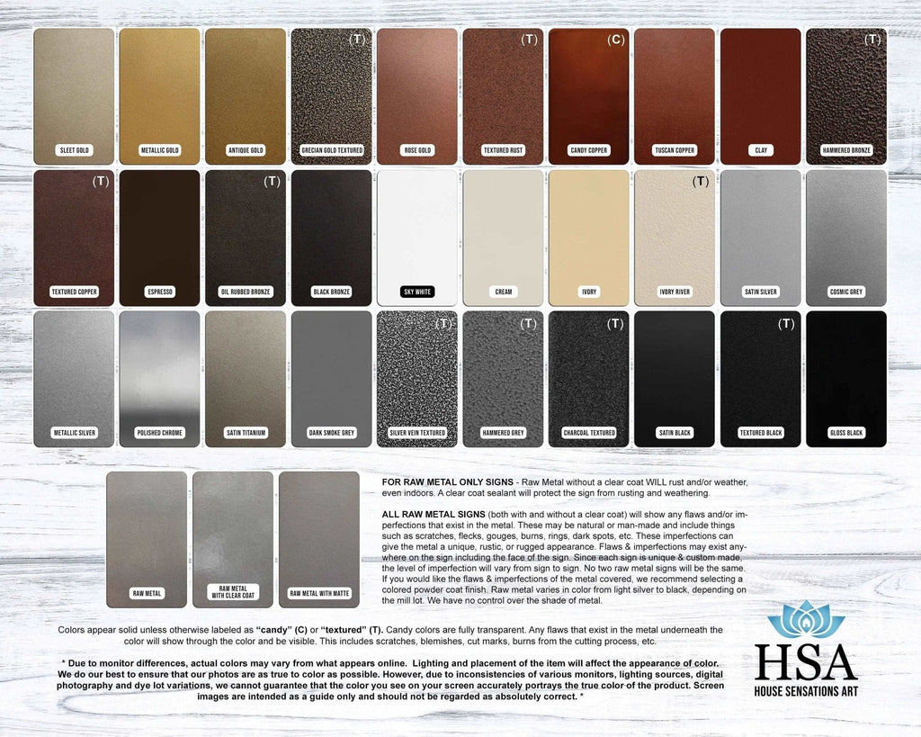 Metallic color swatch chart with HSA logo on white background, showcasing custom powder-coated finishes for metal signs and decorative options