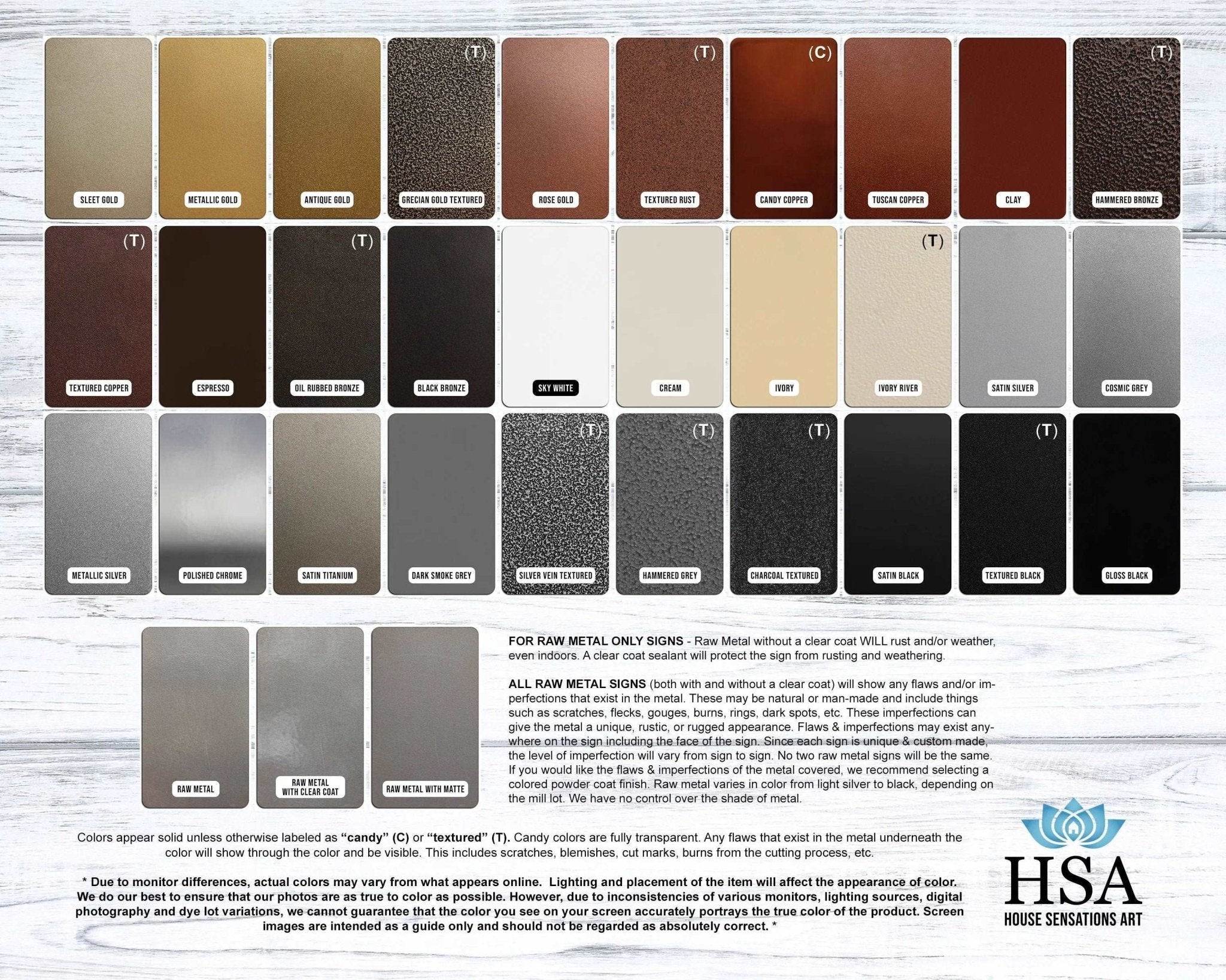Metallic color swatch chart with HSA logo on white background, showcasing custom powder-coated finishes for metal signs and decorative options