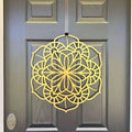 Yellow floral mandala metal wall art on dark wood door, custom powder coated front door décor, farmhouse entry welcome sign, elegant outdoor metal wall art design