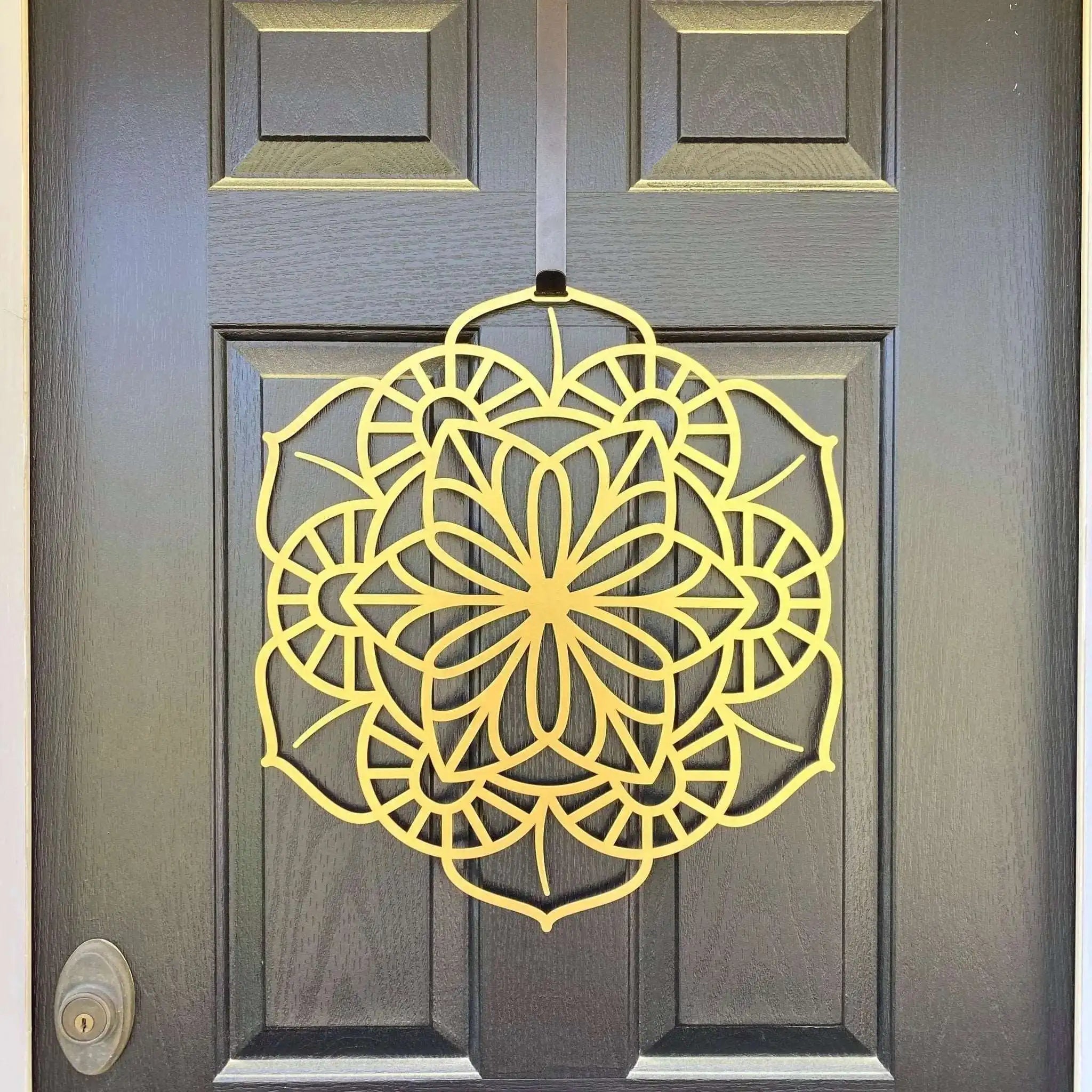 Yellow floral mandala metal wall art on dark wood door, custom powder coated front door décor, farmhouse entry welcome sign, elegant outdoor metal wall art design