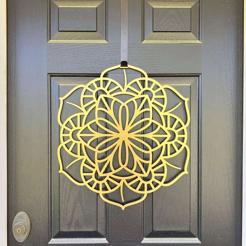 Yellow floral mandala metal wall art on dark wood door, custom powder coated front door décor, farmhouse entry welcome sign, elegant outdoor metal wall art design