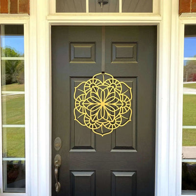 Yellow floral mandala metal door hanger on gray front door with glass panels, custom powder coated entry décor, farmhouse welcome wall art, elegant exterior metal sign design