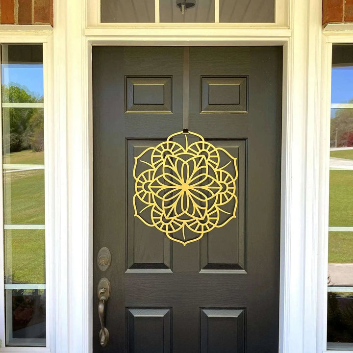 Yellow floral mandala metal door hanger on gray front door with glass panels, custom powder coated entry décor, farmhouse welcome wall art, elegant exterior metal sign design
