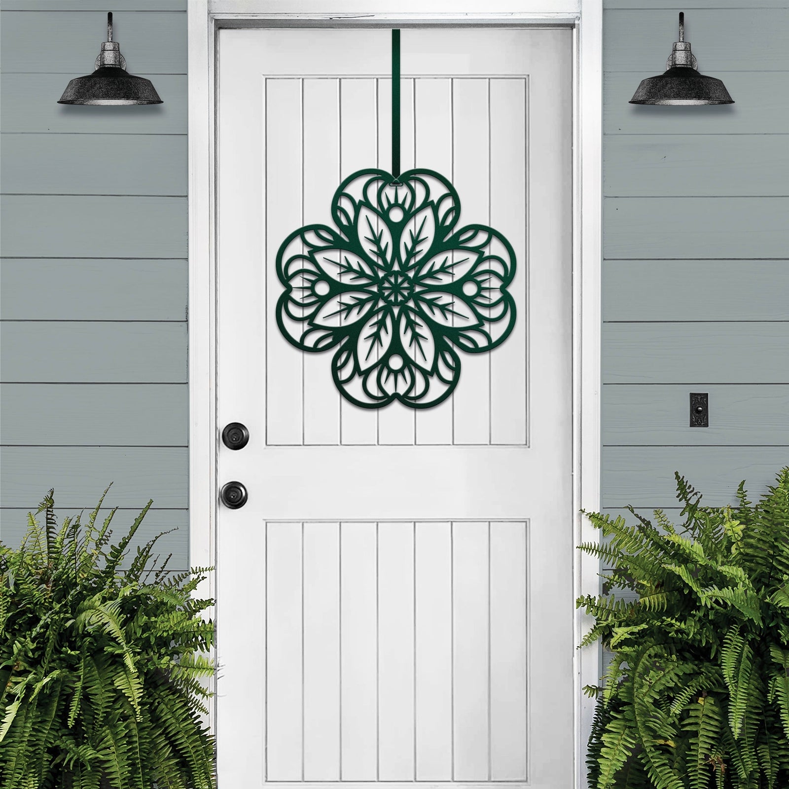 Green floral mandala metal wall art on white front door, gray wood panel background, custom powder coated farmhouse entry décor, elegant outdoor welcome sign design