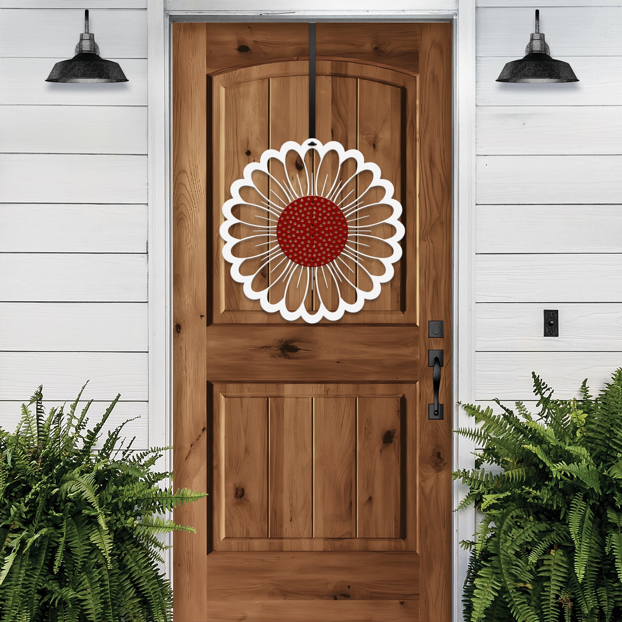 Wood front door with sunflower wreath metal design, rustic farmhouse entry décor, green plants exterior curb appeal, custom powder coated metal wall art accent