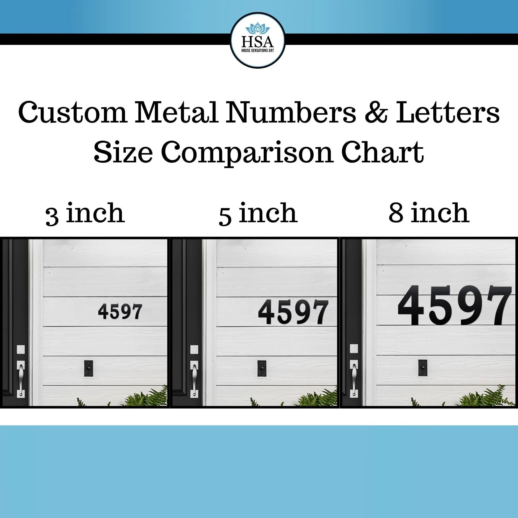 Comparison chart showing custom metal house numbers 4597 on door in 3 inch 5 inch and 8 inch sizes, outdoor address number size guide