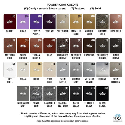 Powder coat color chart with Candy, Textured, and Solid finishes in shades from Garnet  to gloss black.