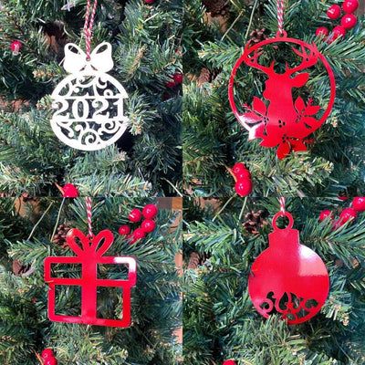 Collage of Christmas tree ornaments including white ball, red reindeer, red gift box, and red bell on green tree, festive holiday decorations for seasonal décor and Christmas celebration