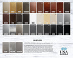 HouseSensationsArt metal sign color swatches for laser-cut and raw metal signs with HSA branding, showing multiple finishes on light wood background, part of 90-color USA-made collection.