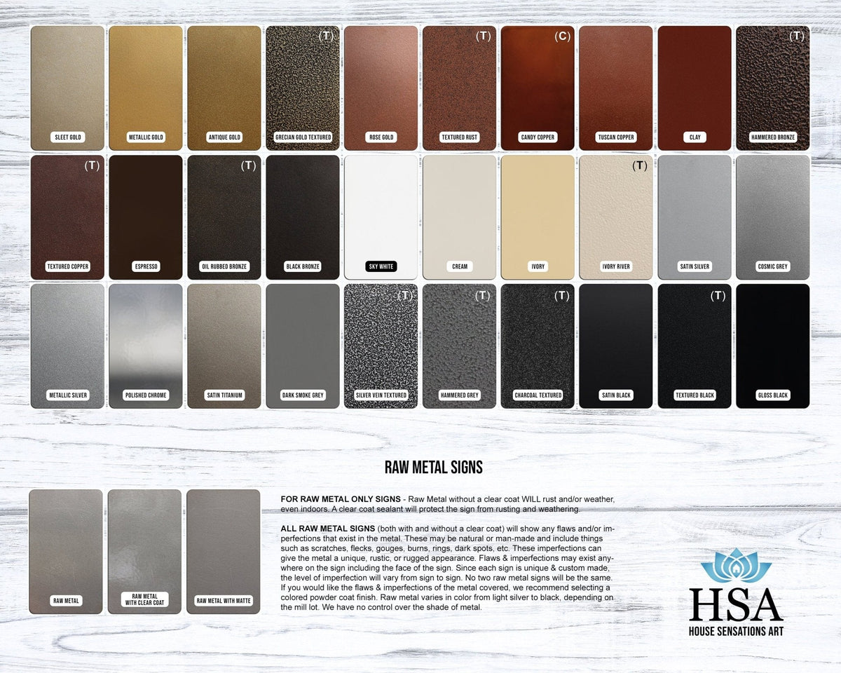 HouseSensationsArt metal sign color swatches for laser-cut and raw metal signs with HSA branding, showing multiple finishes on light wood background, part of 90-color USA-made collection.