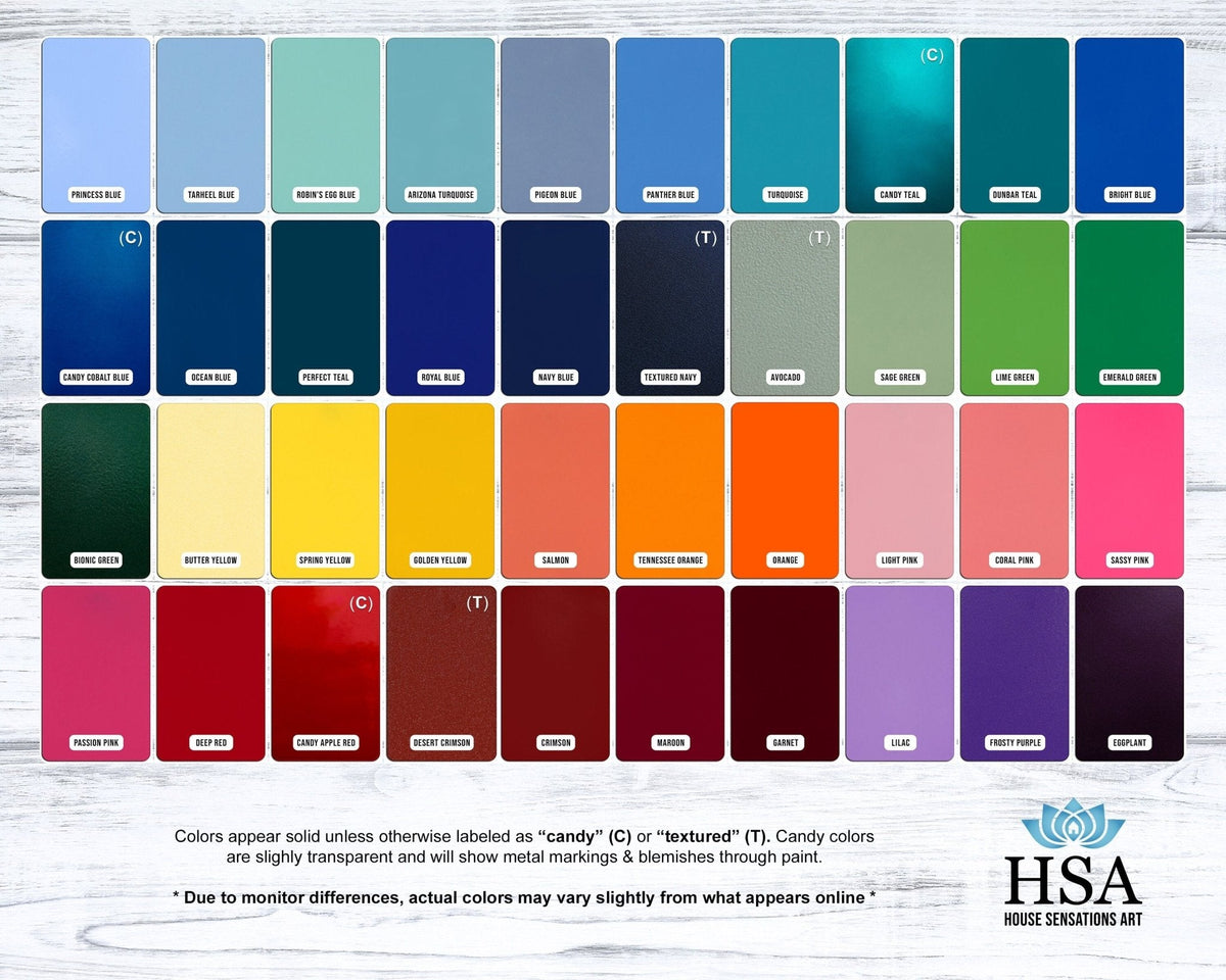HouseSensationsArt metal over-the-door wreath hook color chart displaying multiple powder coat finishes including blue, green, red, and more on white background, part of 90-color USA-made collection.